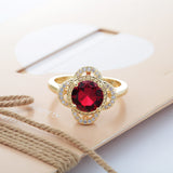 Ruby-Red Round CZ Flower Halo Ring