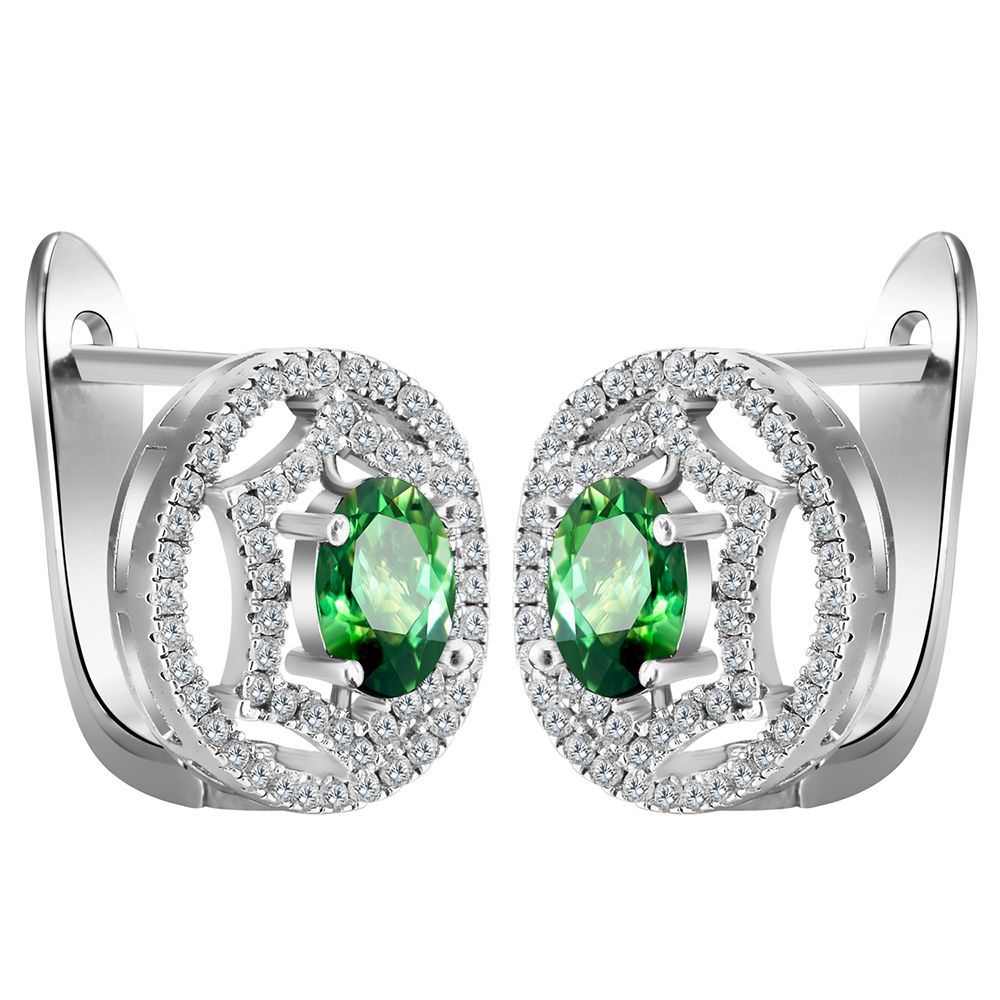 Green Oval CZ Orbit Halo Leverback Earrings