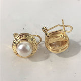 Pearl-Look Greek Key Gold Button Earrings