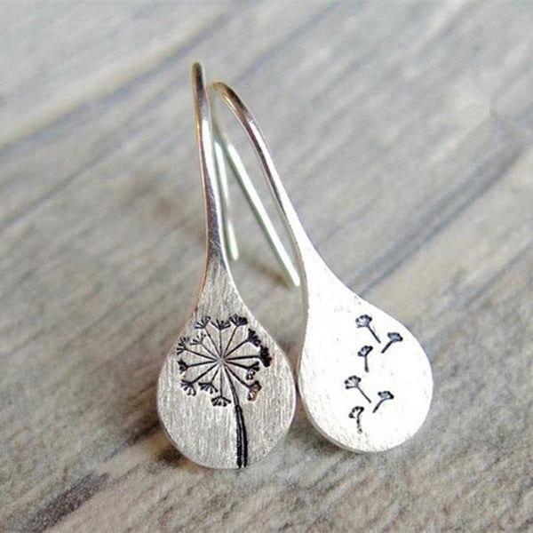 Engraved Dandelion Teardrop Hook Earrings