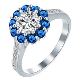 Round CZ Sapphire-Blue Flower Halo Ring