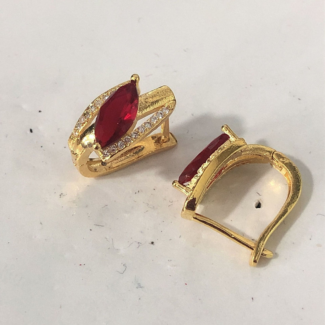 Ruby-Red Marquise CZ Gold Huggie Earrings