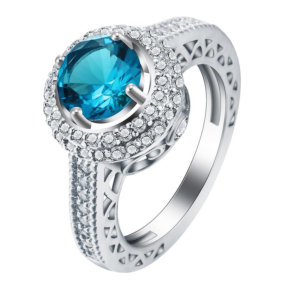 Aqua Round CZ Double Halo Filigree Ring