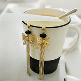 Gold Bow Black Bead Tassel Drop Earrings