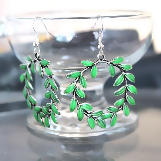 Green Enamel Laurel Leaf Hoop Earrings