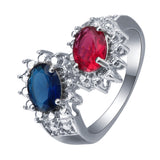 Blue-Red Oval CZ Toi Et Moi Ring