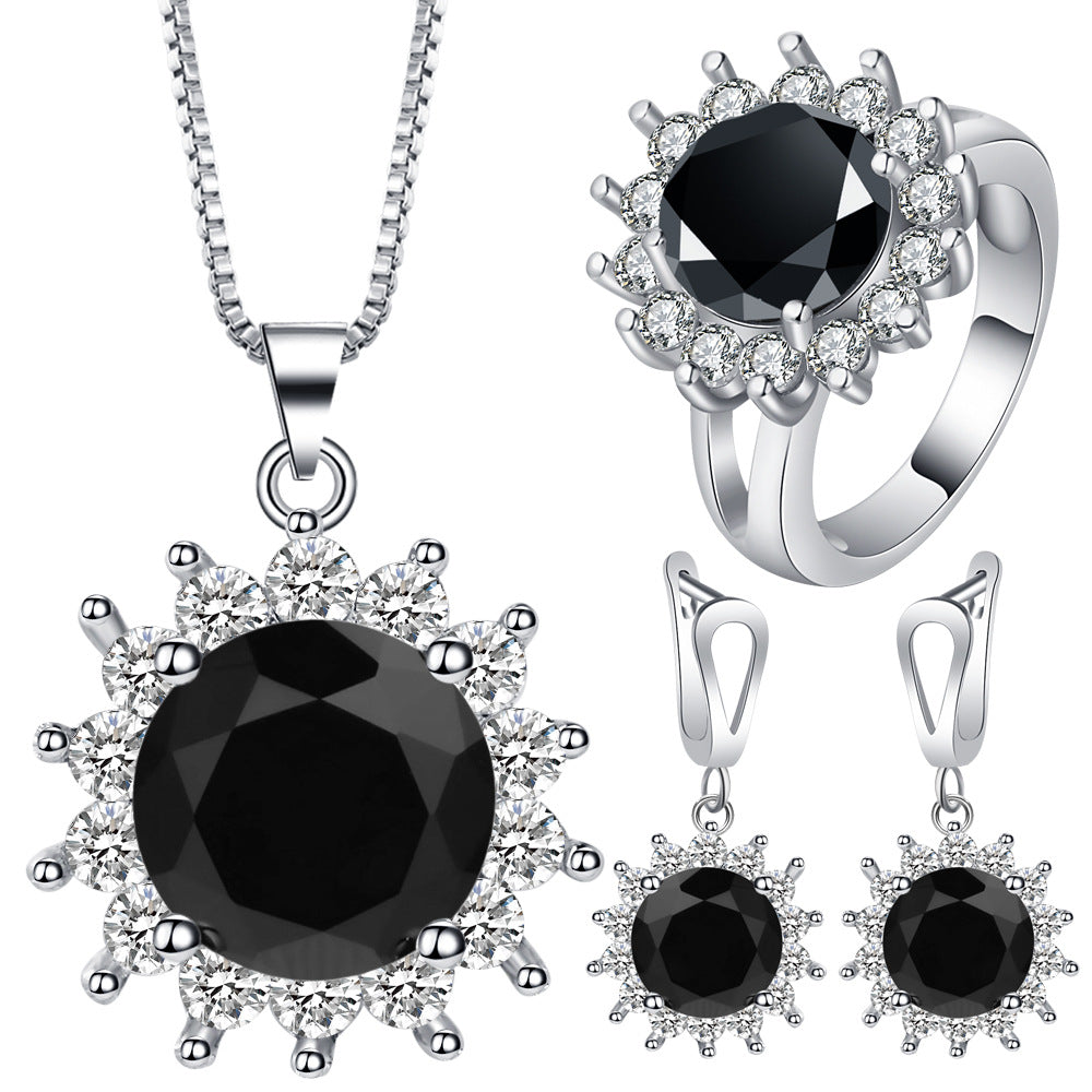 Black Round CZ Starburst Halo Jewelry Set