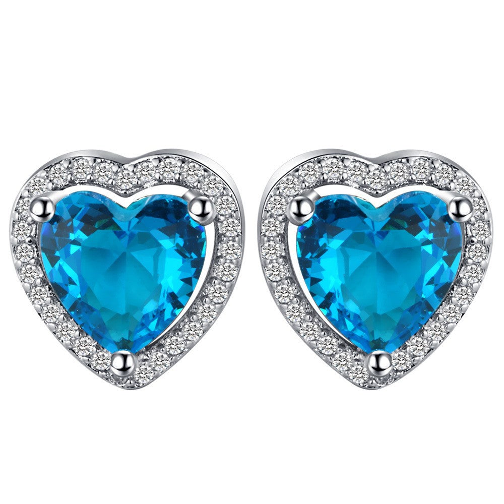 Aqua Heart CZ Halo Stud Earrings