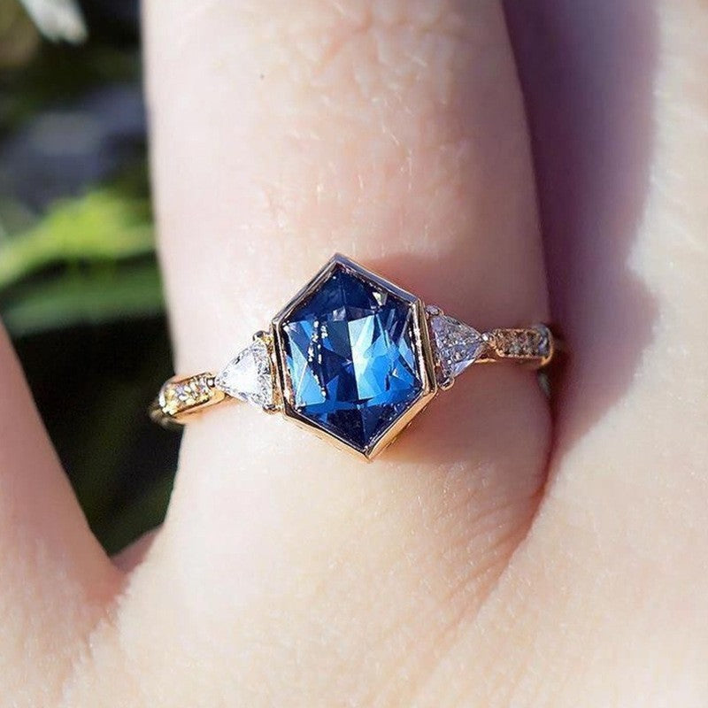 Sapphire-Blue Hexagon CZ Trillion Ring