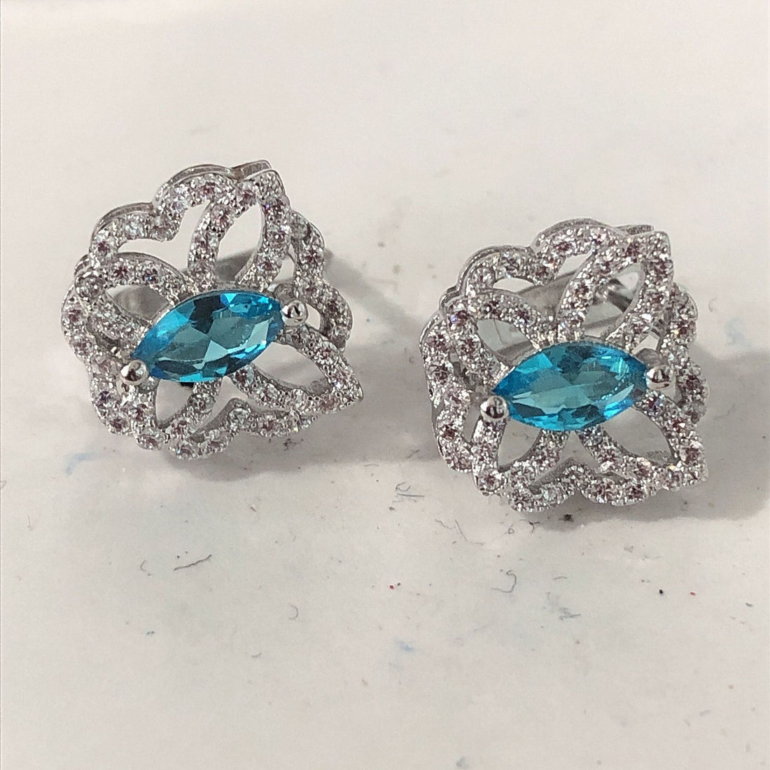 Aqua Marquise CZ Openwork Heart Stud Earrings