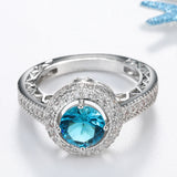 Aqua Round CZ Double Halo Filigree Ring