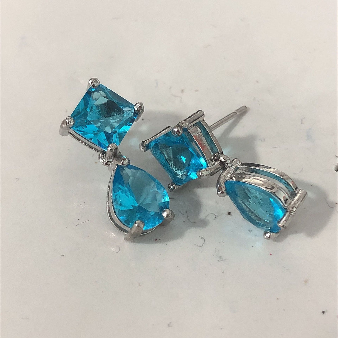 Aqua Princess and Pear CZ Drop Earrings