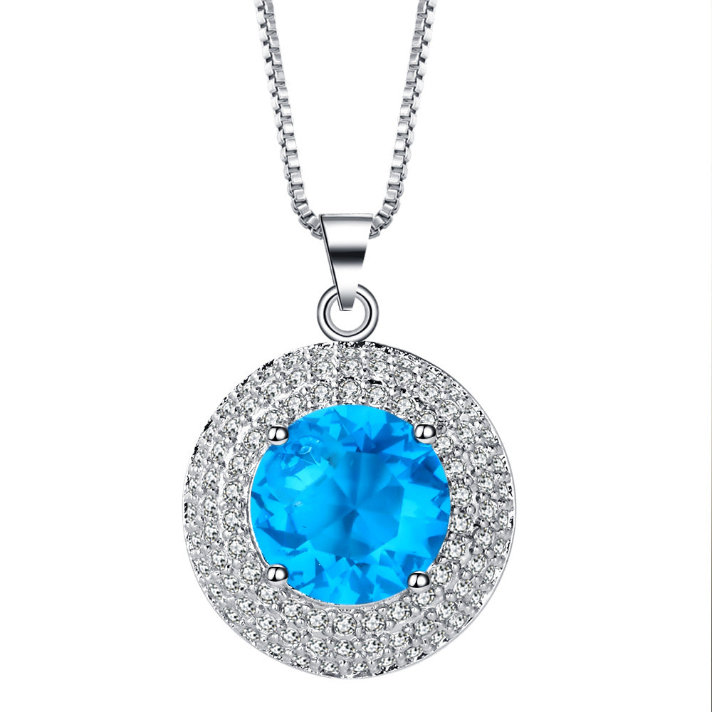 Aqua Round CZ Double Halo Pendant Necklace