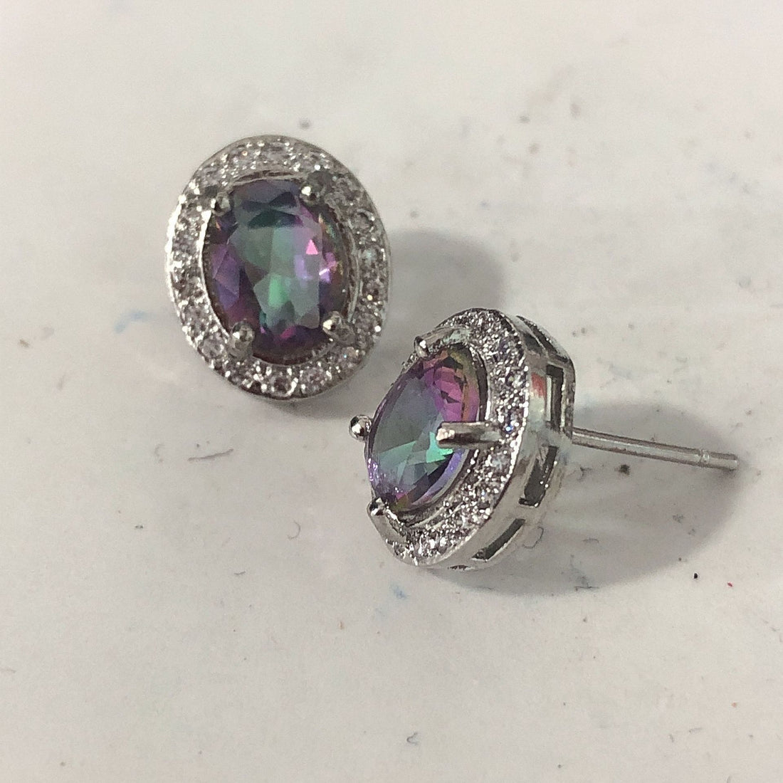 Mystic Rainbow Oval CZ Halo Stud Earrings
