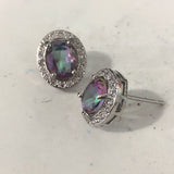 Mystic Rainbow Oval CZ Halo Stud Earrings