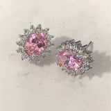Pink Oval CZ Sunburst Halo Stud Earrings