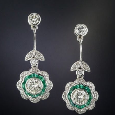 Art Deco Green Halo Round CZ Drop Earrings