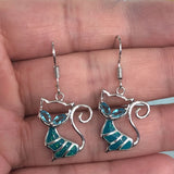 Blue Opal-Look Cat Outline Drop Earrings
