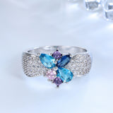 Aqua and Purple CZ Flower Cluster Pave Ring