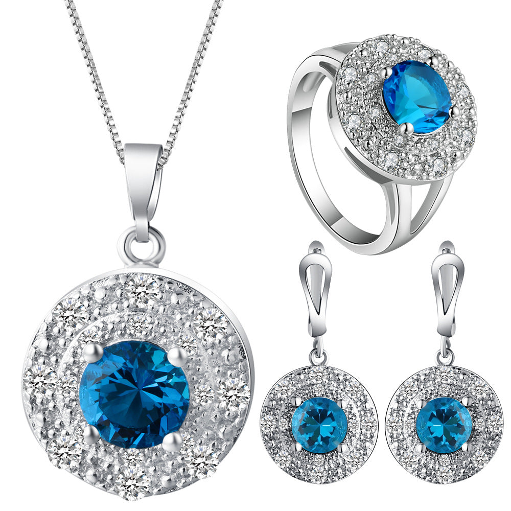 Aqua Round CZ Disc Halo Jewelry Set