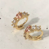 Peach Heart CZ Three-Stone Gold Huggie Earrings