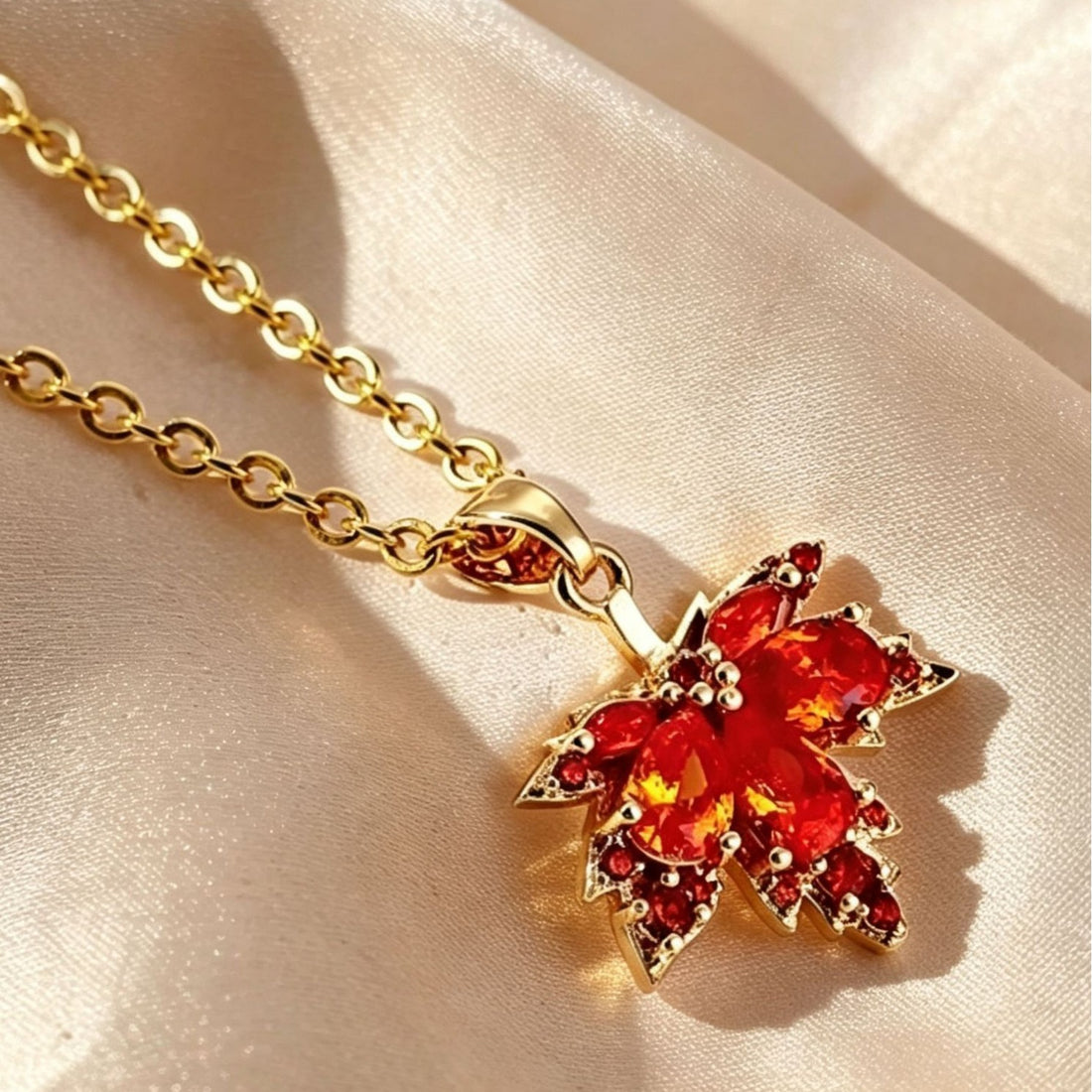 Red Maple Leaf CZ Pendant Necklace