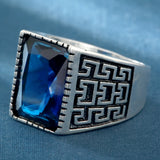 Sapphire-Blue Square Greek Key Ring