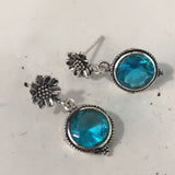 Sunflower Top Aqua CZ Round Drop Earrings