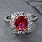 Ruby-Red Oval CZ Cushion Halo Ring