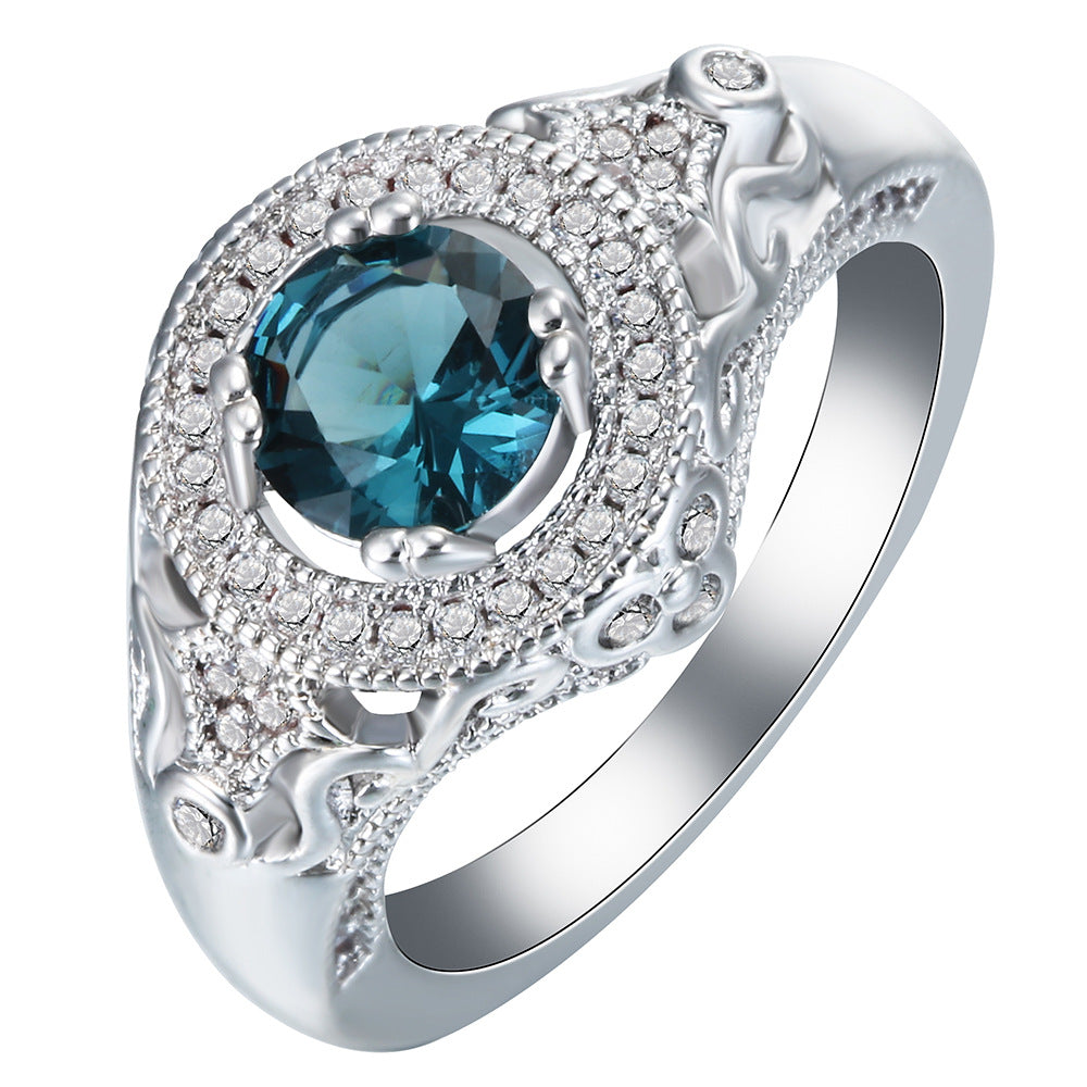 London-Blue Round CZ Ornate Halo Ring