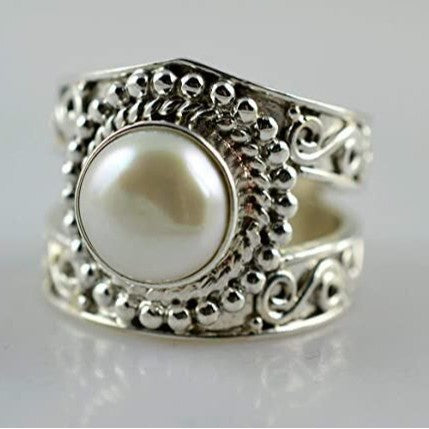 Pearl-Look Round Scroll Bezel Wide Ring