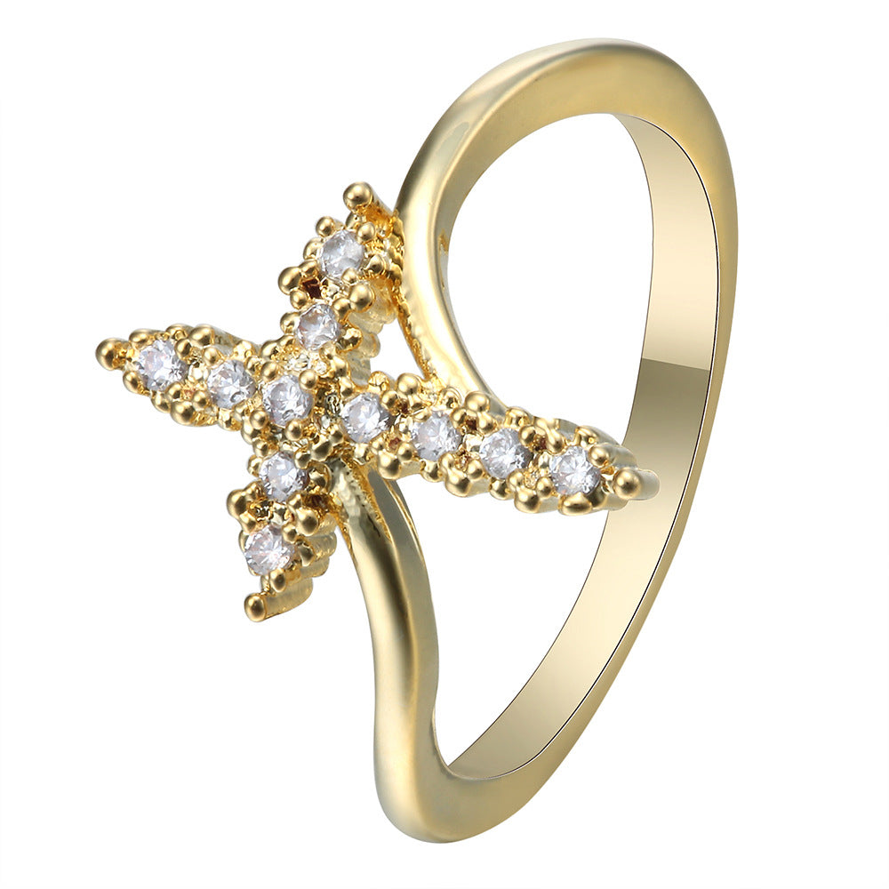 Gold Pave CZ Starfish Bypass Ring