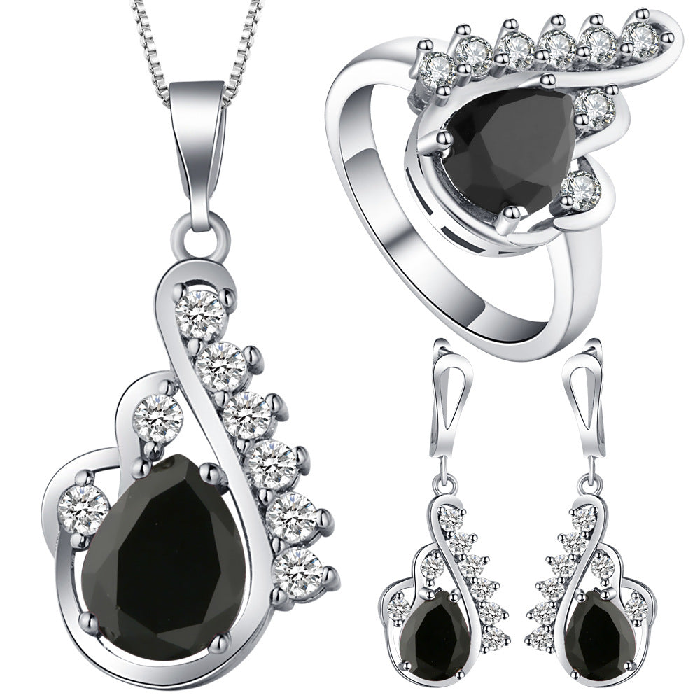 Black Pear CZ Feather Swirl Jewelry Set