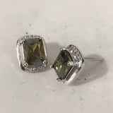 Olive-Green Emerald-Cut CZ Halo Stud Earrings