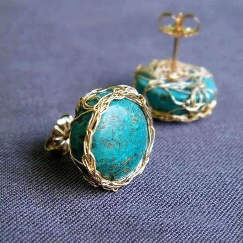 Turquoise-Look Wire Wrapped Oval Stud Earrings