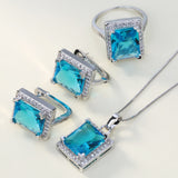 Aqua Emerald-Cut CZ Halo Jewelry Set