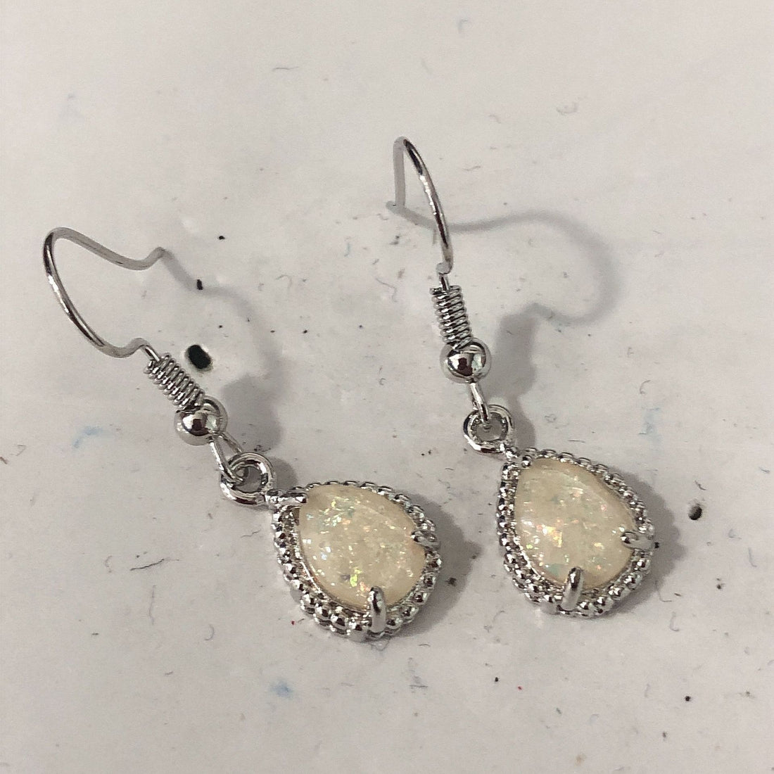 White Opal-Look Teardrop Hook Earrings