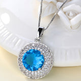 Aqua Round CZ Double Halo Pendant Necklace