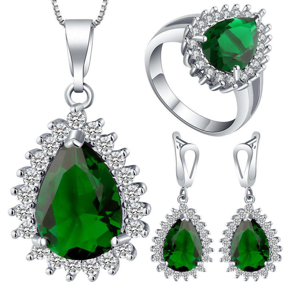Emerald-Green Pear CZ Halo Jewelry Set