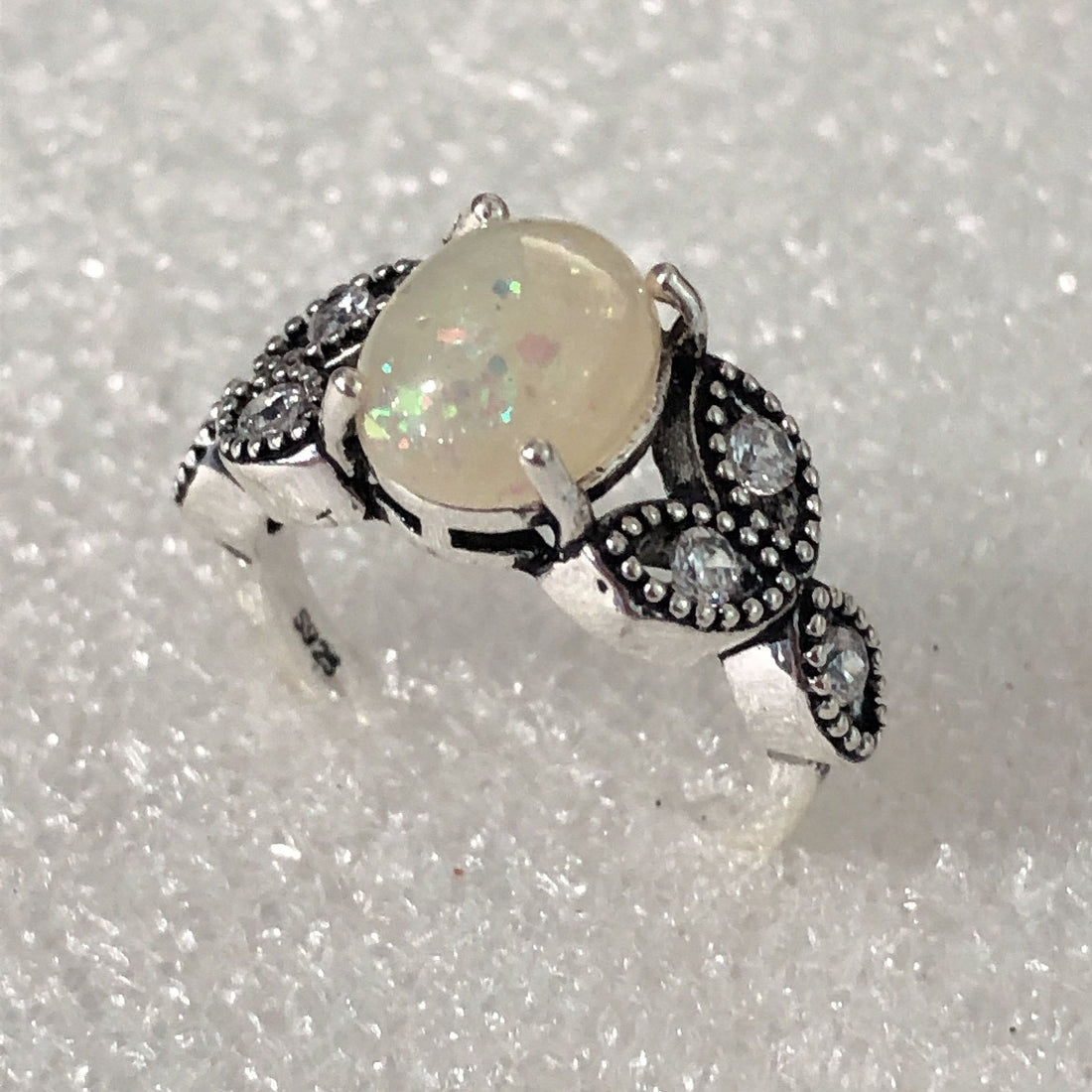 Opal-Look Oval Marcasite Leaf Shoulder Ring