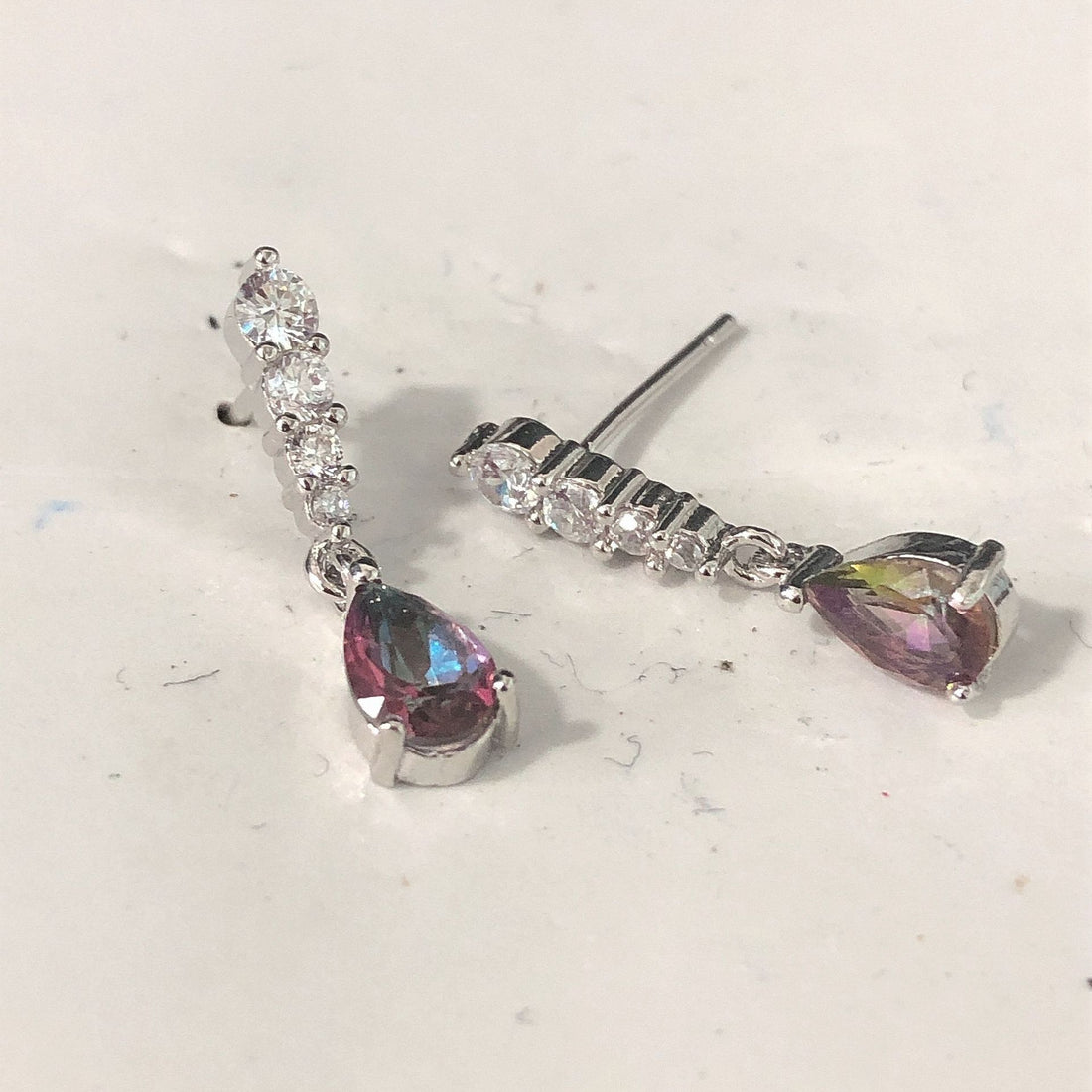Rainbow Mystic Pear CZ Line Drop Earrings