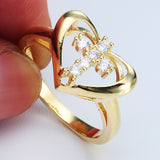 Gold Heart Outline CZ Cross Ring