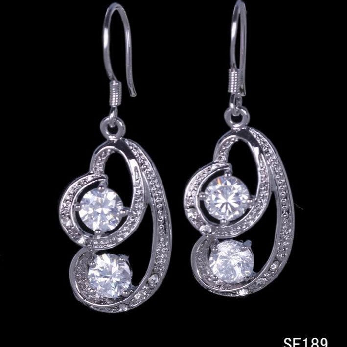 Clear CZ Double-Stone Scroll Hook Earrings