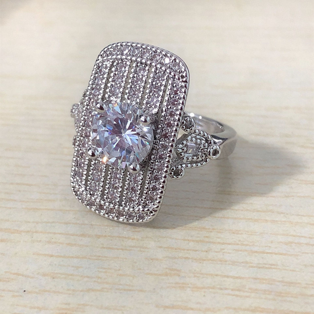 Round CZ Pavé Rectangle Shield Ring