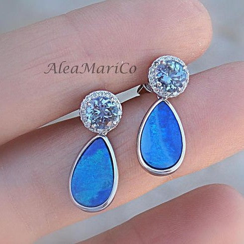 Blue Opal-Look Teardrop CZ Halo Drop Earrings