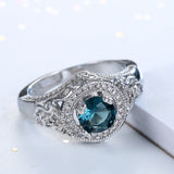 London-Blue Round CZ Ornate Halo Ring
