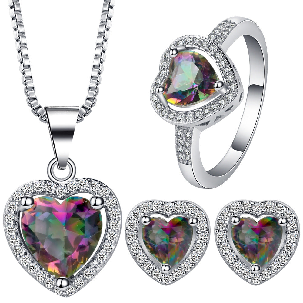 Rainbow Mystic Heart CZ Halo Jewelry Set