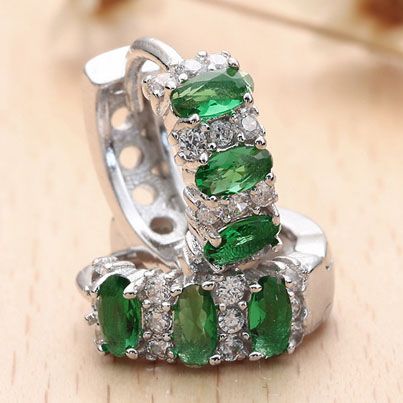Emerald-Green Oval CZ Row Huggie Hoop Earrings