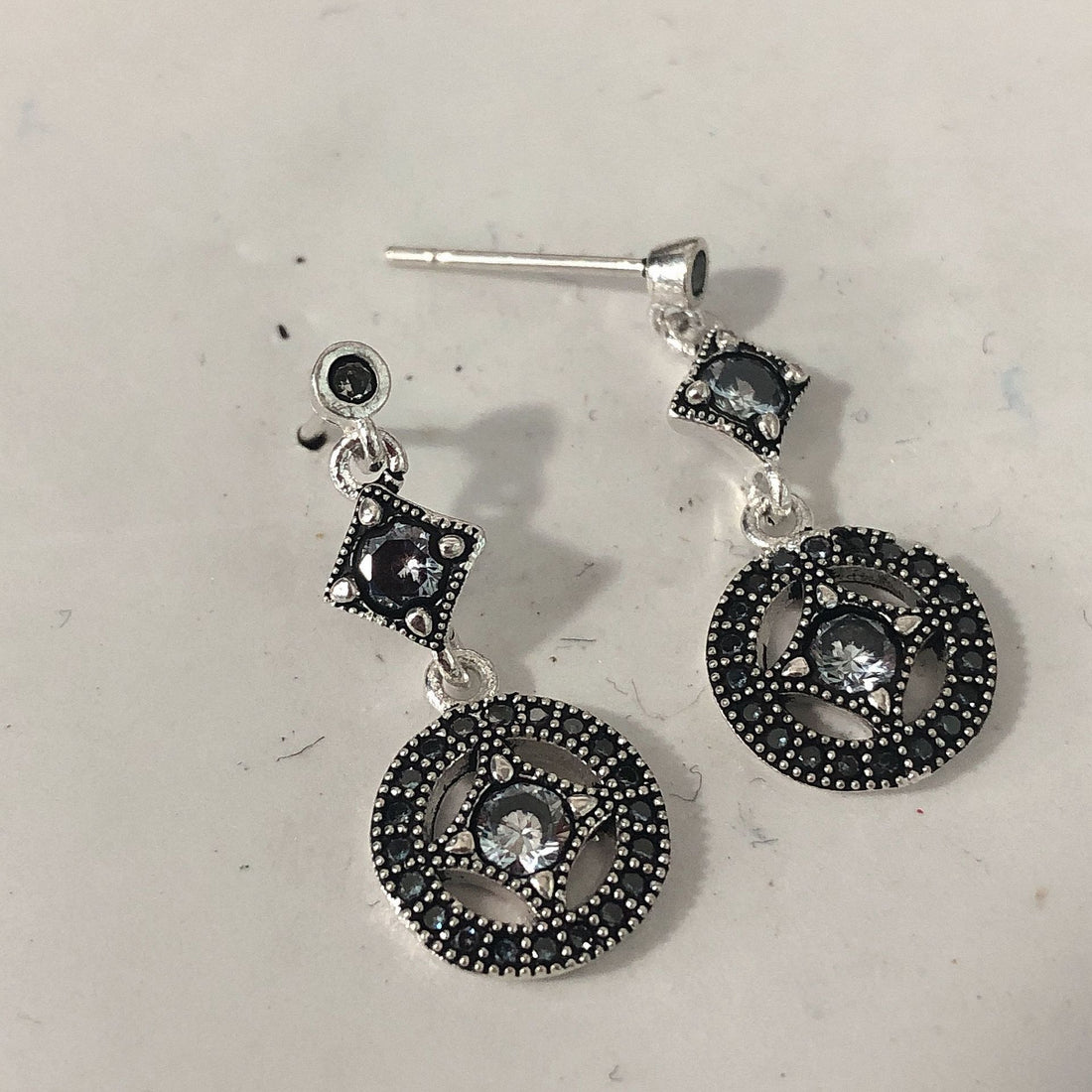 Antique Black CZ Medallion Drop Earrings