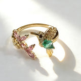 Hummingbird and Flower CZ Open Ring